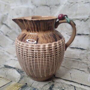 Vintage Enesco Cherry Pitcher Juice Water White Tan Glazing on Brown Tan 6 x 6"